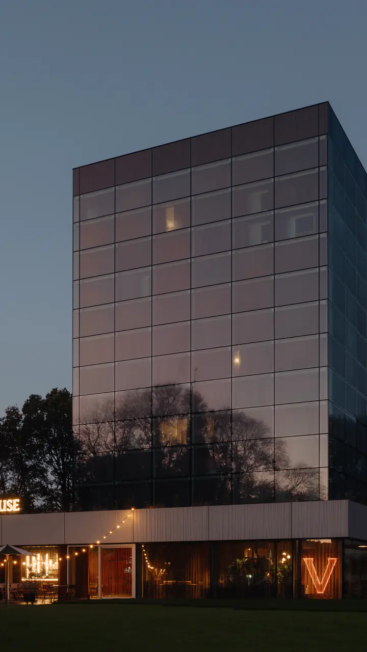 De glazen toren van Hotel V Oosterpark in de schemering, met lichtslingers boven het terras van Orchid House aan het park
