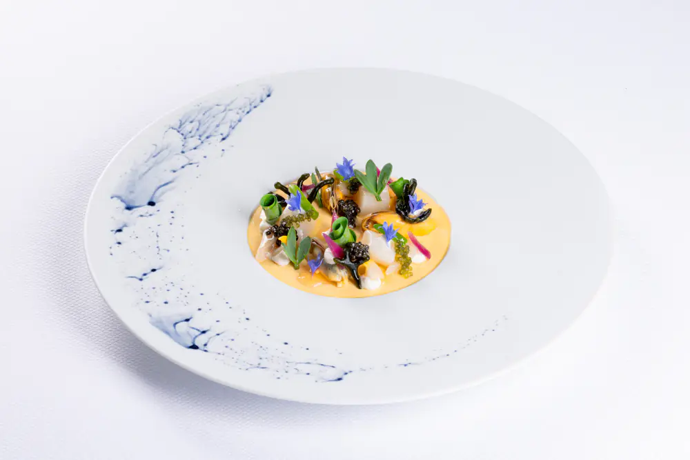 Een gerecht van Ciel Bleu op een wit bord met blauwe rand