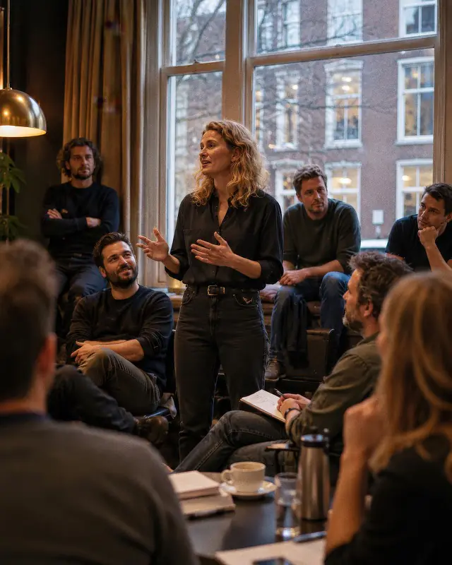 Woman speaking to a group of listeners in a hotel salon with tall windows, in warm light.