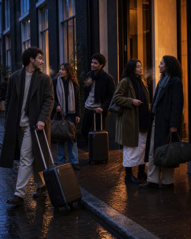 Five guests with suitcases and weekend bags in front of a lit hotel entrance at dusk.