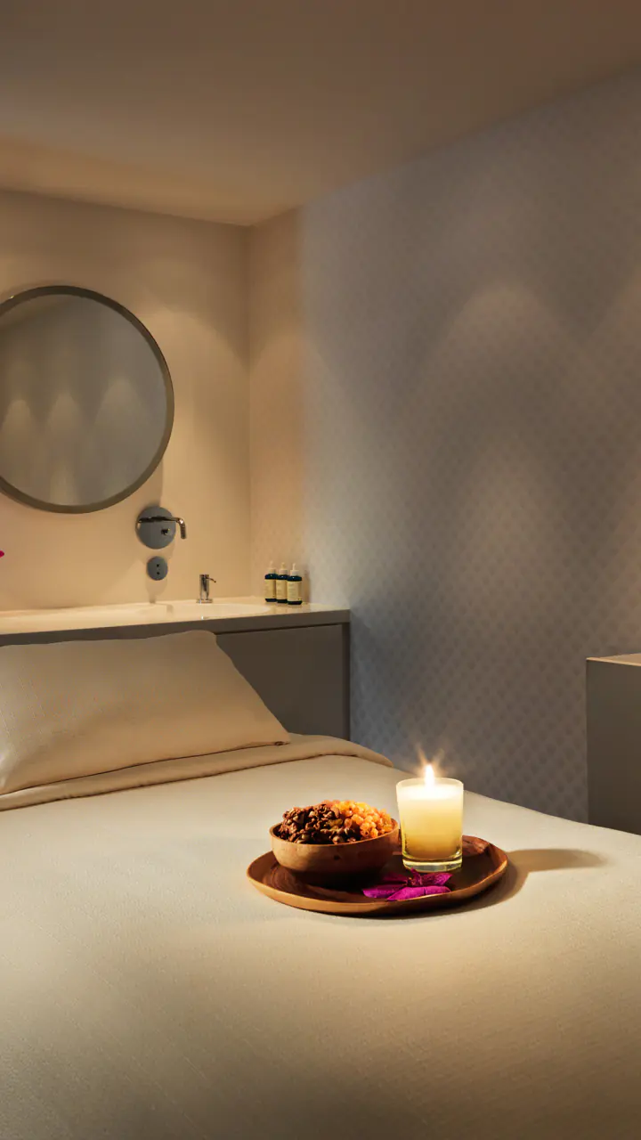 Behandelkamer van Essence Spa met een massagetafel en een kaars