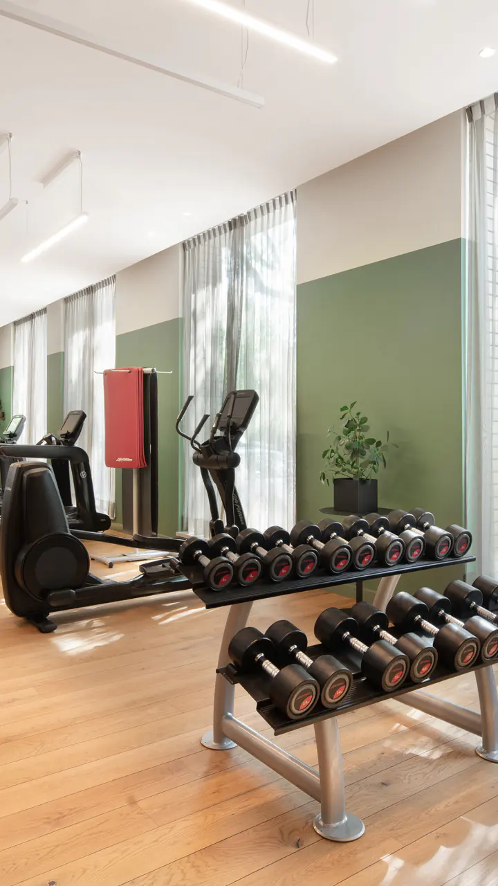 Het fitnesscentrum van Hyatt Regency met toestellen in een lichte ruimte