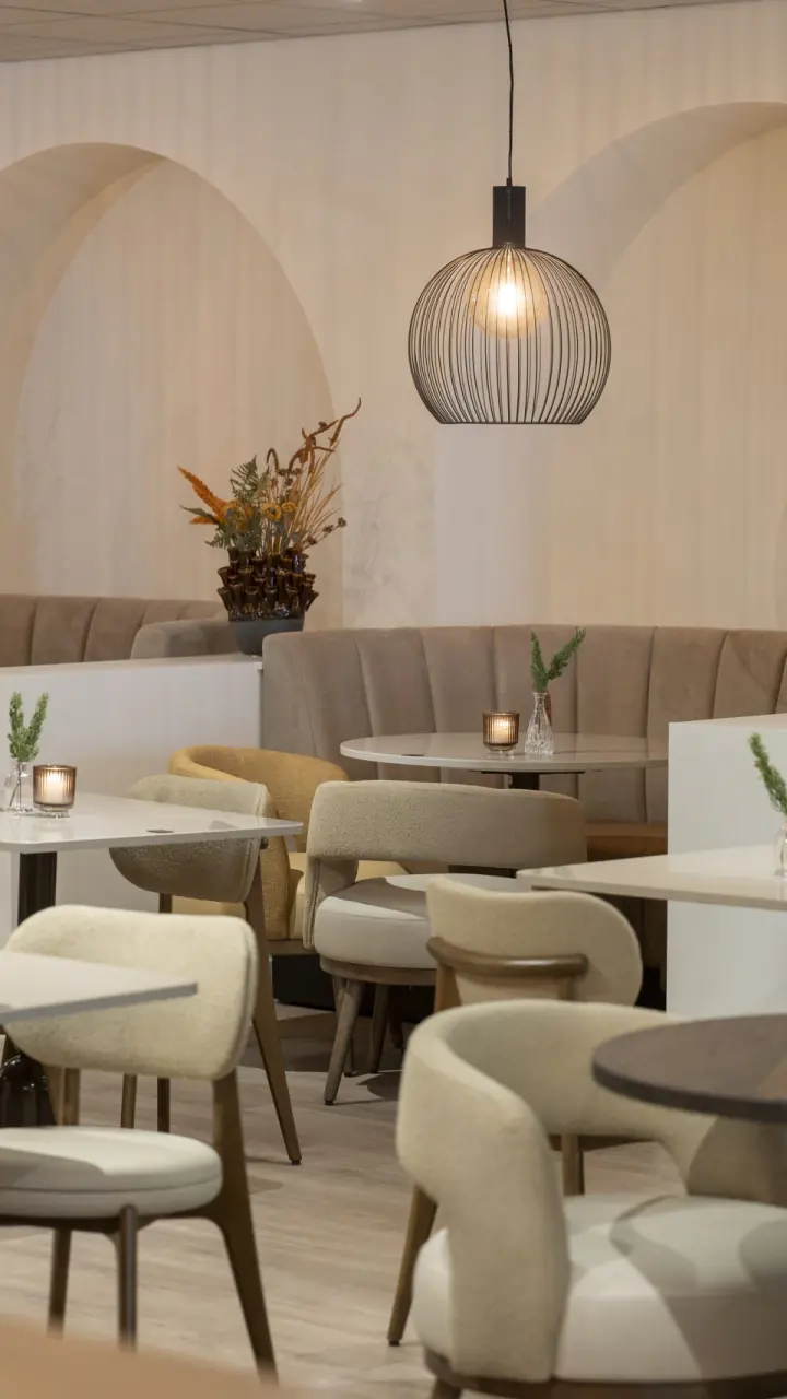Het loungerestaurant van Zuiver met lichte stoelen, ronde tafels en bogen in de wand