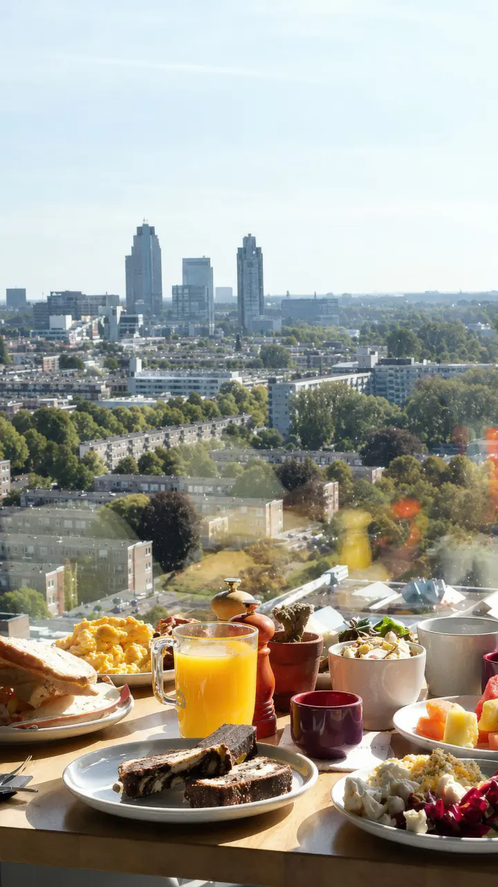 Een ontbijttafel bij het raam van nhow, met roerei, fruit en sinaasappelsap, en de torens van de Zuidas in de verte