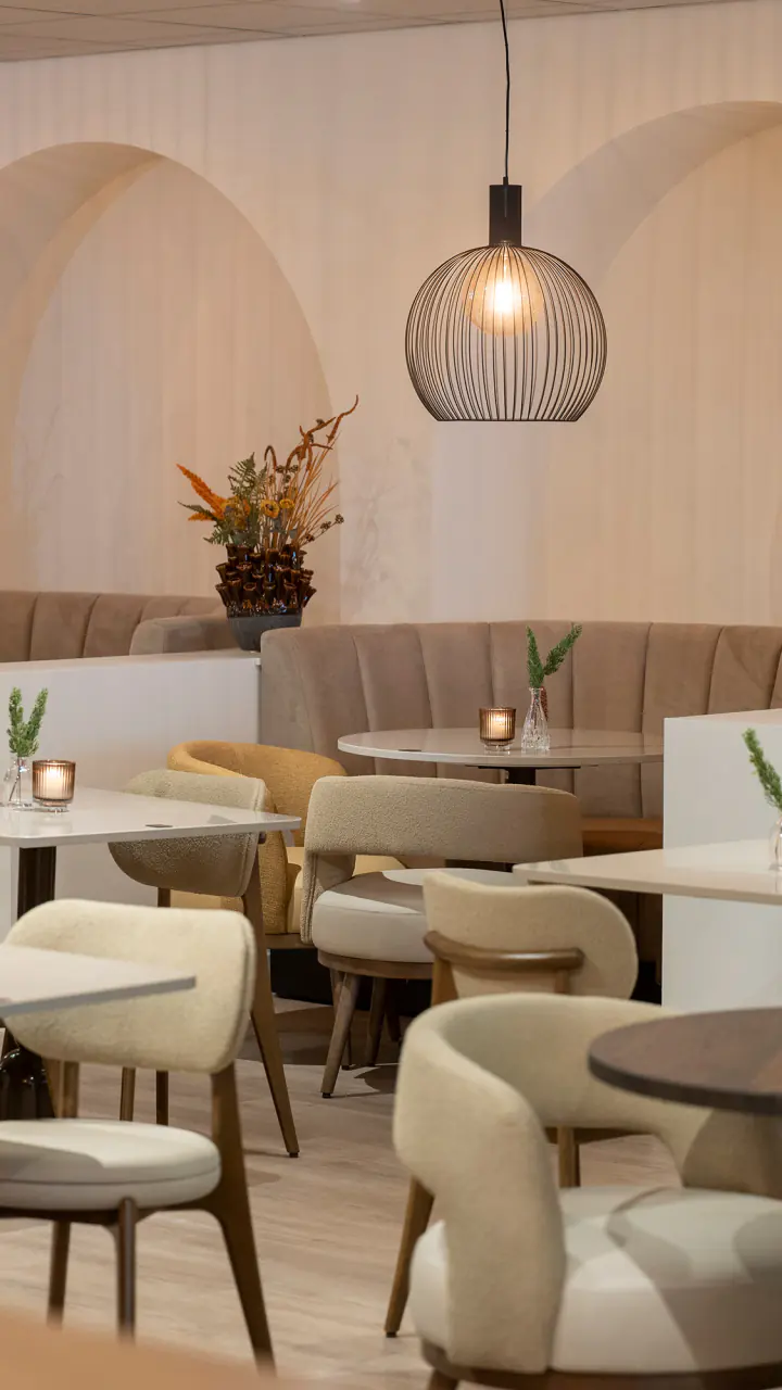 Zuiver Restaurant: een lichte zaal met ronde tafels, stoelen en bogen in de wand