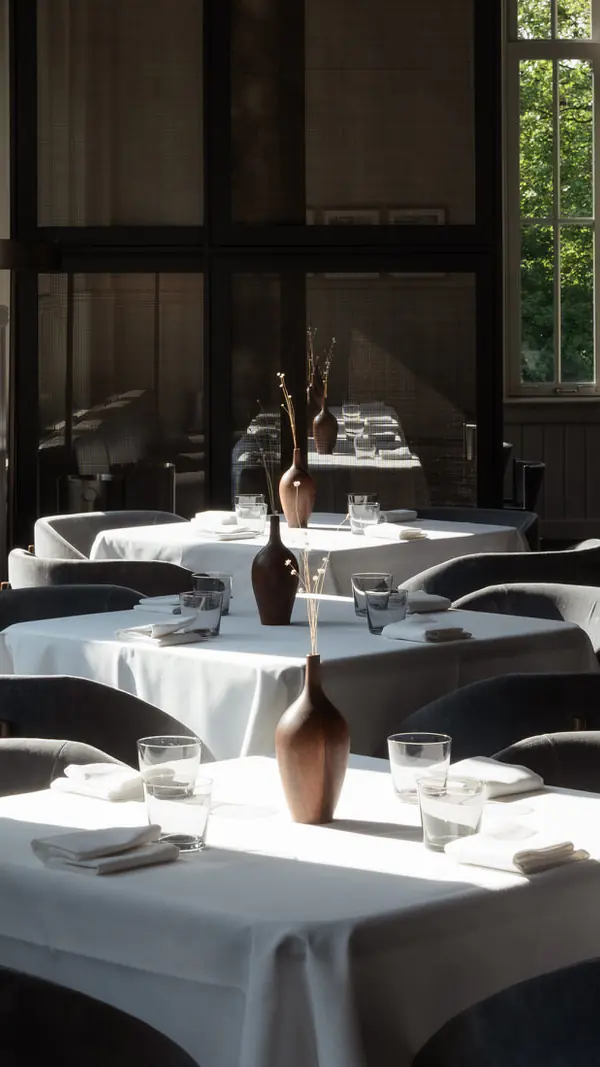VanOost: gedekte tafels met wit linnen in een zaal met hoge ramen